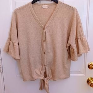 Altar'd State Tie Front Button Down Top Waffle Knit Oatmeal Women's Sz Medium